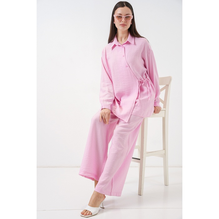 Kadın Bağcıklı Tunik Pantolon İkili Takım 6752 - Pudra