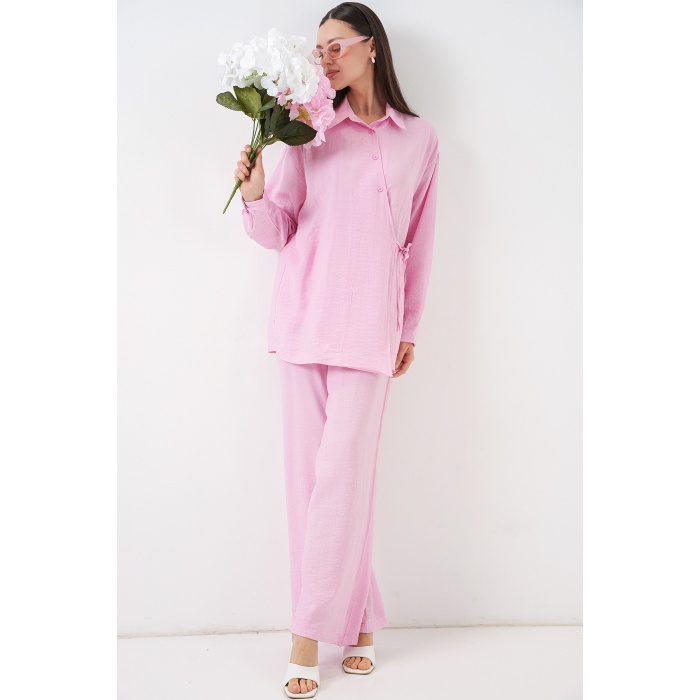 Kadın Bağcıklı Tunik Pantolon İkili Takım 6752 - Pudra