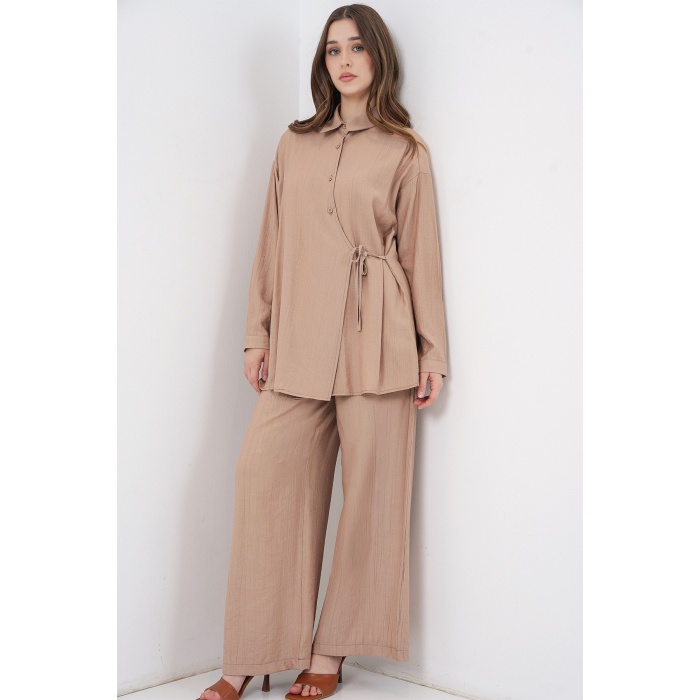Kadın Bağcıklı Tunik Pantolon İkili Takım 6752 - Bej