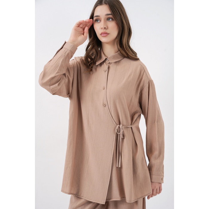 Kadın Bağcıklı Tunik Pantolon İkili Takım 6752 - Bej