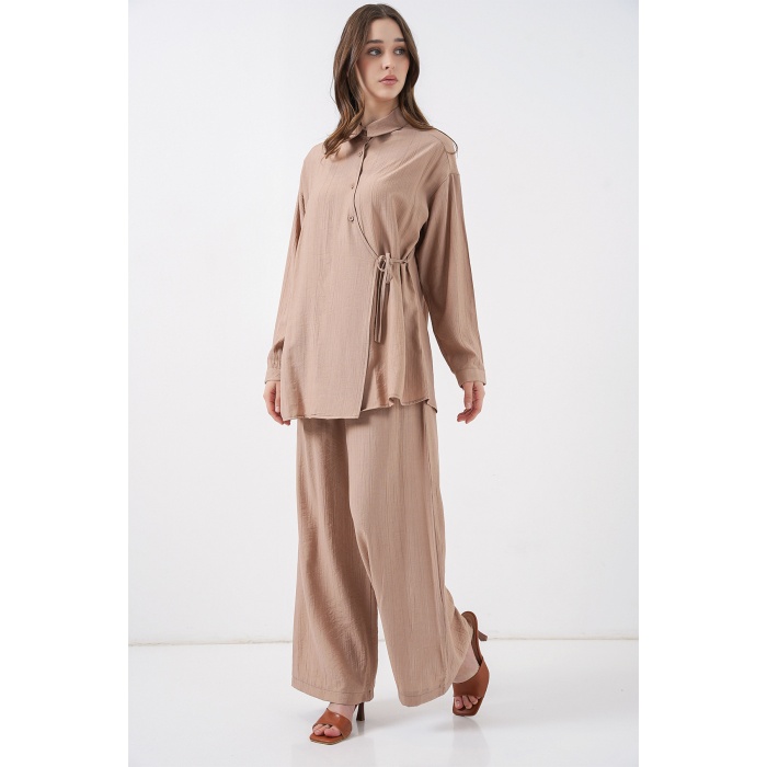 Kadın Bağcıklı Tunik Pantolon İkili Takım 6752 - Bej