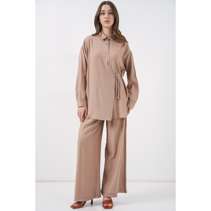Kadın Bağcıklı Tunik Pantolon İkili Takım 6752 - Bej