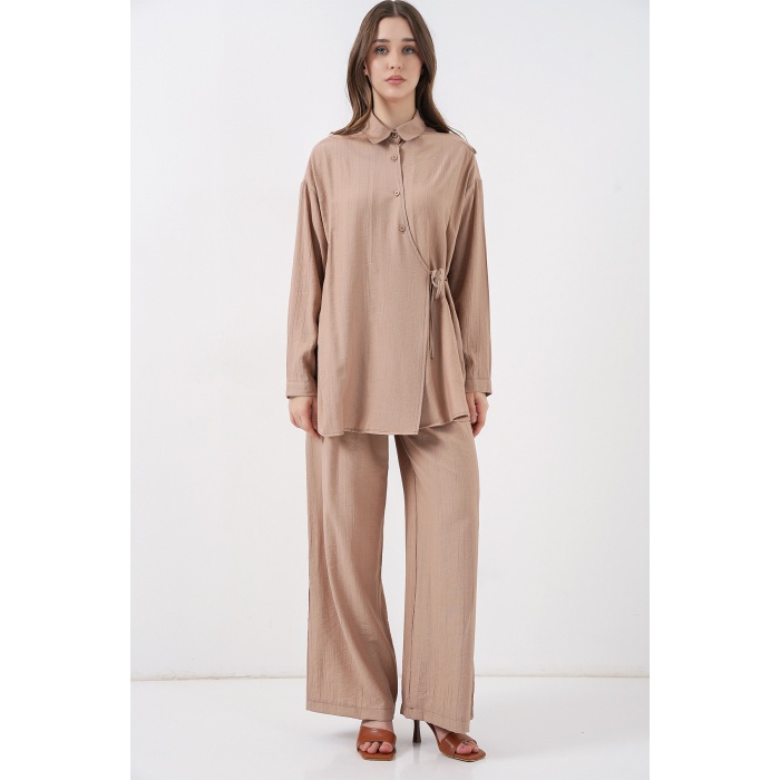 Kadın Bağcıklı Tunik Pantolon İkili Takım 6752 - Bej