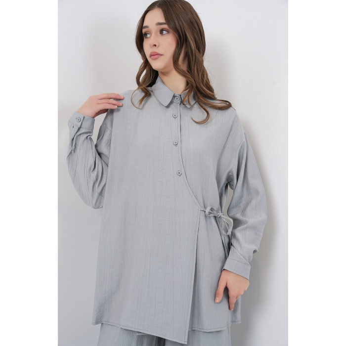 Kadın Bağcıklı Tunik Pantolon İkili Takım 6752 - Gri