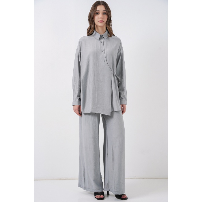 Kadın Bağcıklı Tunik Pantolon İkili Takım 6752 - Gri