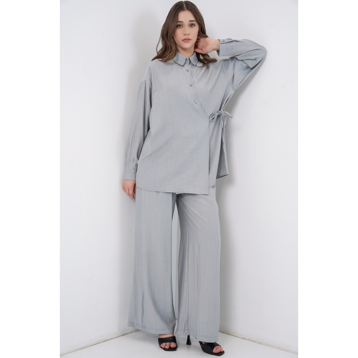 Kadın Bağcıklı Tunik Pantolon İkili Takım 6752 - Gri