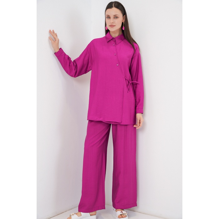 Kadın Bağcıklı Tunik Pantolon İkili Takım 6752 - Fuşya