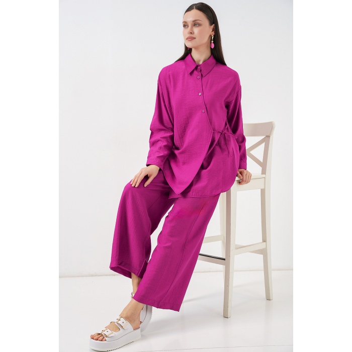 Kadın Bağcıklı Tunik Pantolon İkili Takım 6752 - Fuşya