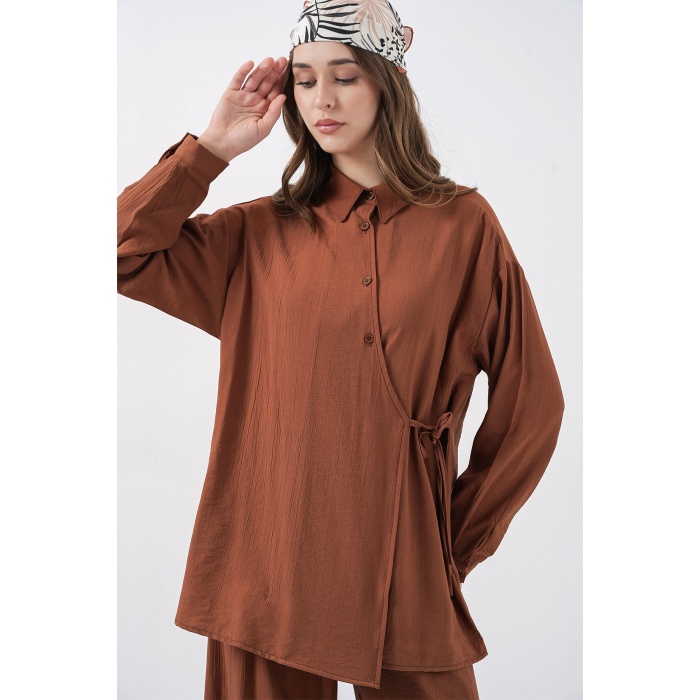 Kadın Bağcıklı Tunik Pantolon İkili Takım 6752 - Taba