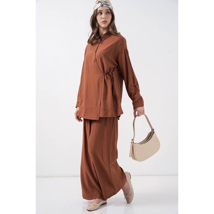 Kadın Bağcıklı Tunik Pantolon İkili Takım 6752 - Taba