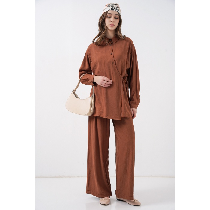 Kadın Bağcıklı Tunik Pantolon İkili Takım 6752 - Taba
