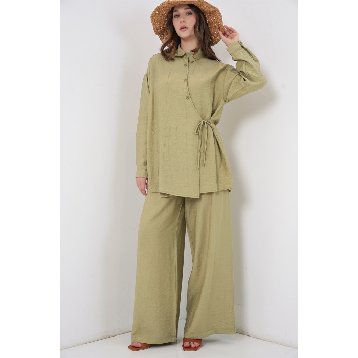 Kadın Bağcıklı Tunik Pantolon İkili Takım 6752 - E.Yeşil