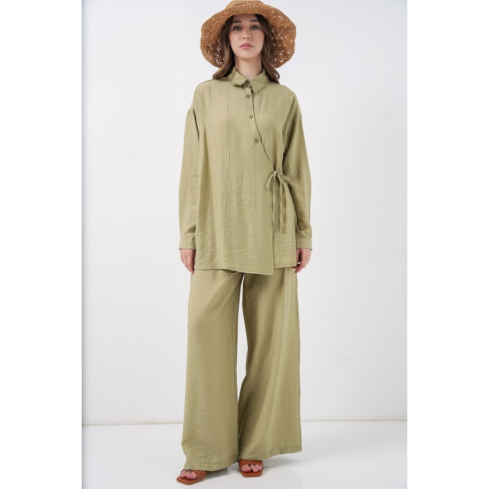 Kadın Bağcıklı Tunik Pantolon İkili Takım 6752 - E.Yeşil