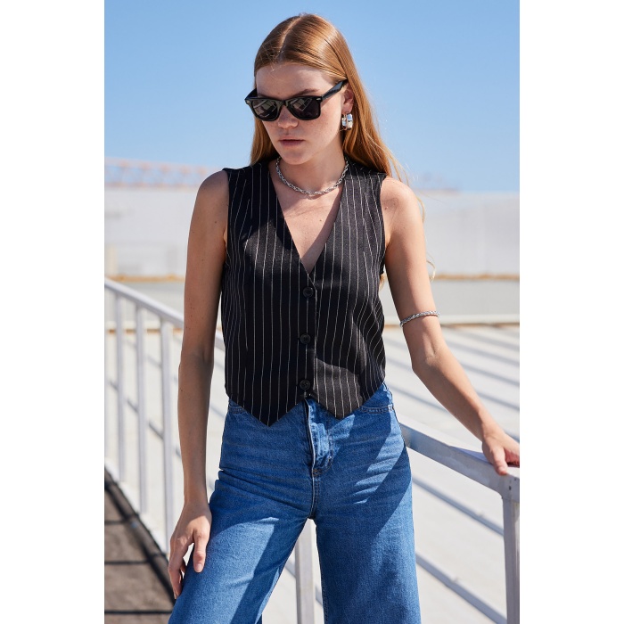 6794 Çizgili Dokuma Yelek - Siyah
