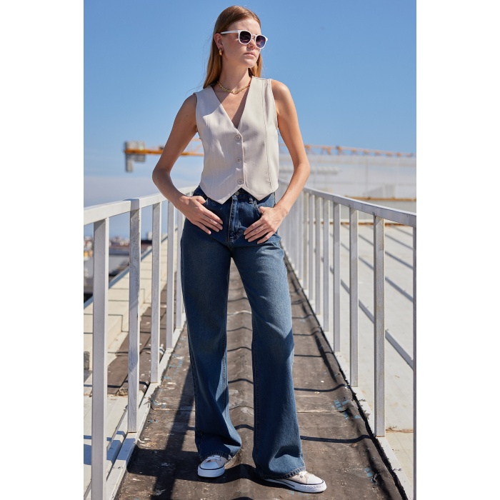 6794 Çizgili Dokuma Yelek - Bej