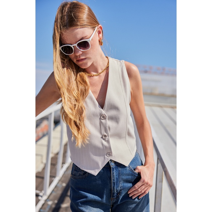 6794 Çizgili Dokuma Yelek - Bej