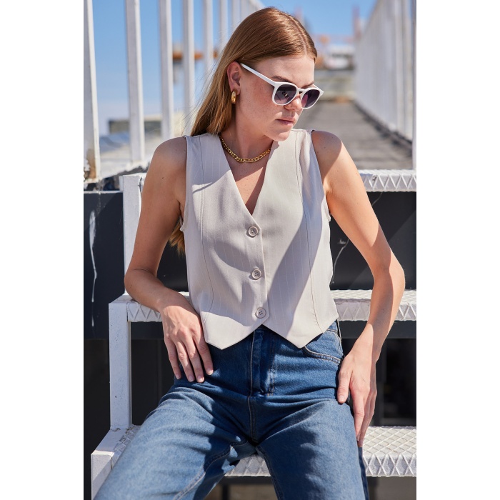 6794 Çizgili Dokuma Yelek - Bej