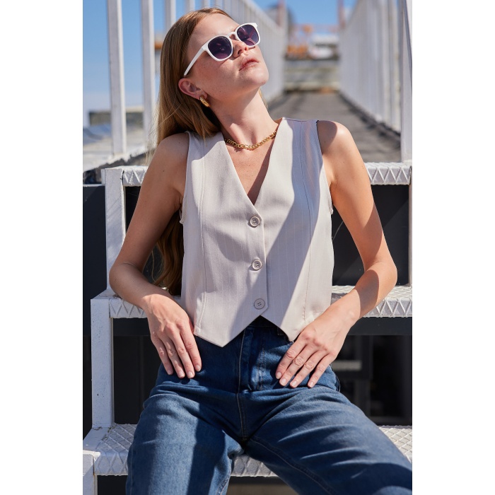 6794 Çizgili Dokuma Yelek - Bej