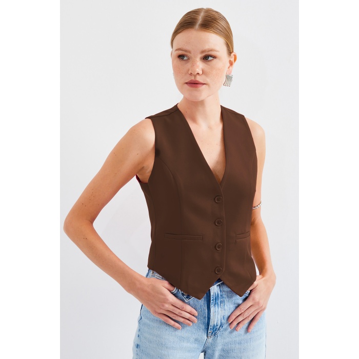 6796 Kısa Dokuma Yelek - Kahverengi