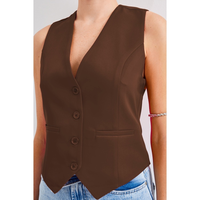 6796 Kısa Dokuma Yelek - Kahverengi