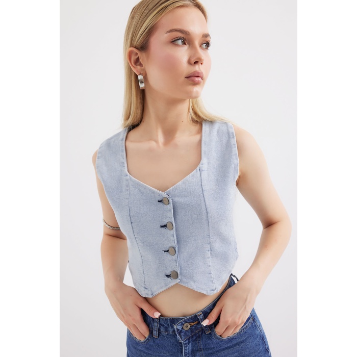 6797 Crop Kot Yelek - Mavi