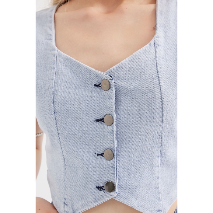 6797 Crop Kot Yelek - Mavi