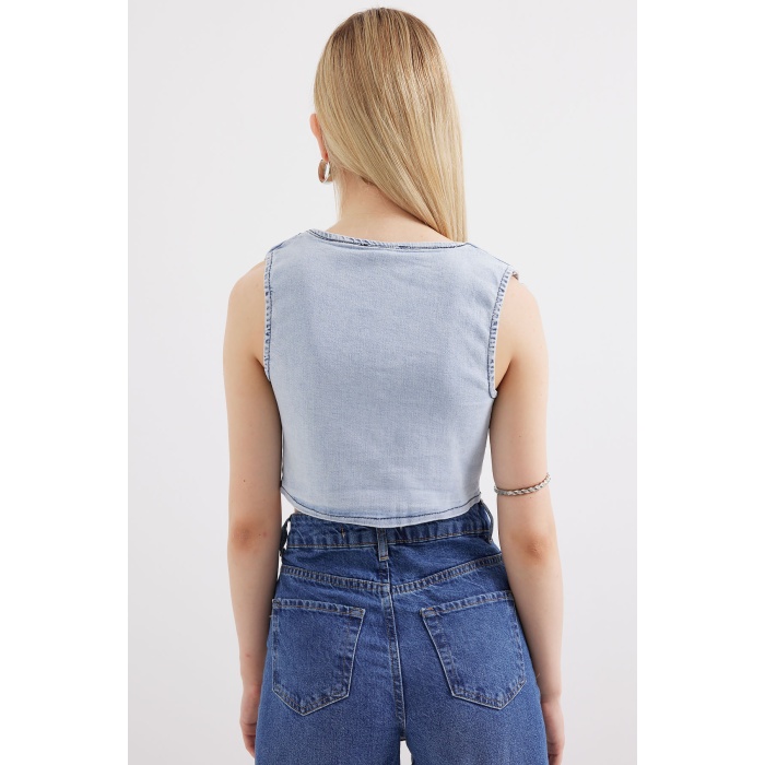 6797 Crop Kot Yelek - Mavi