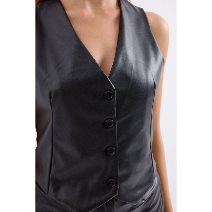 6799 Kısa Suni Deri Yelek - Siyah