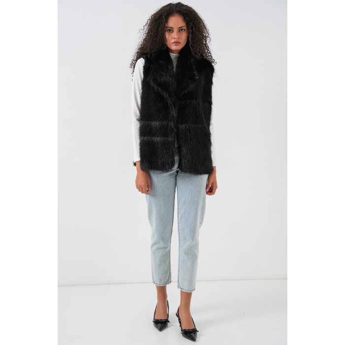 6804 Kadın Kürklü Yelek - Siyah