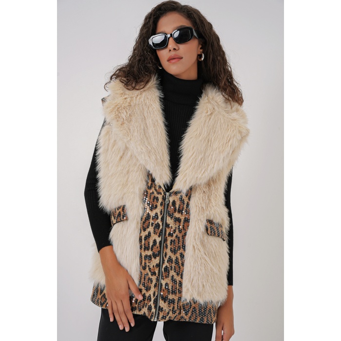 6806 Suni Kürk Yelek - Krem