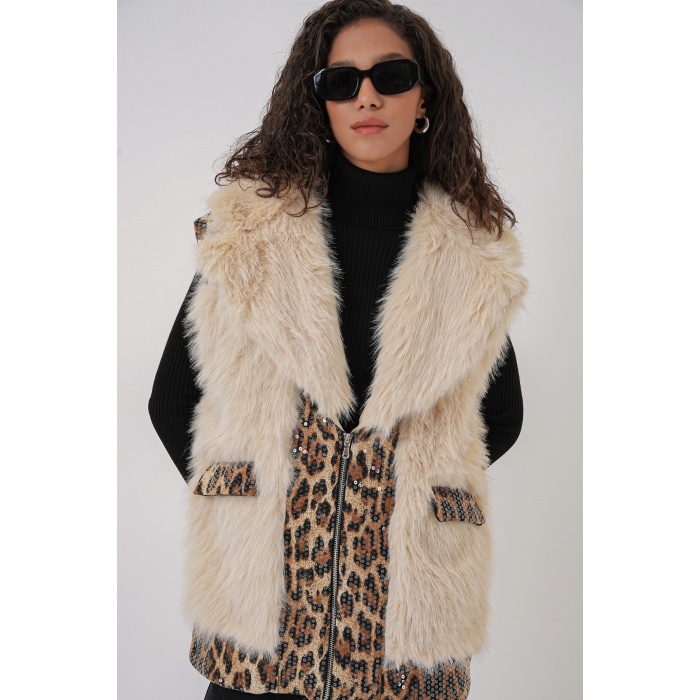 6806 Suni Kürk Yelek - Krem