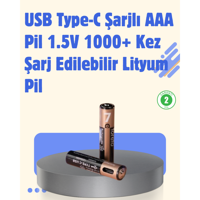USB Type-C Şarjlı AAA Lityum Pil | 1.5V Sabit Voltaj, 1000+ Şarj Döngüsü ile Uzun Ömür