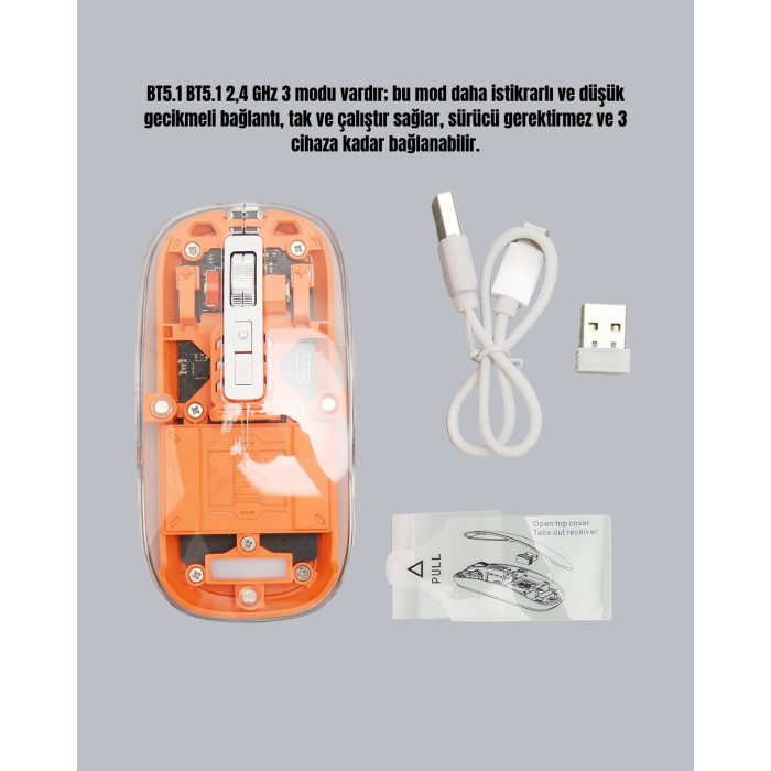 Sessiz ve Ergonomik Kablosuz Fare - 30 Gün Kullanım, 2 Modlu Bağlantı