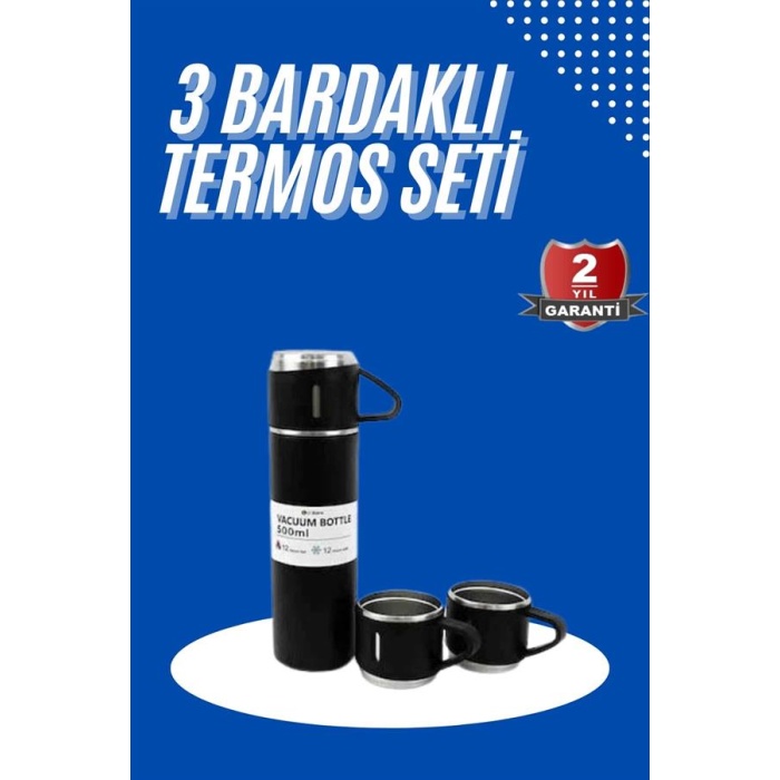 Termos Seti 3lü Bardak Seti Isı Dayanıklı Siyah Paslanmaz Çelik Vakumlu