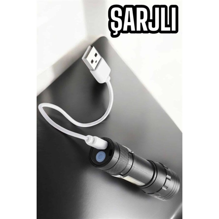 Şarjlı Metal Zoomlu El Feneri Işıldak Led Işık Taşınabilir El Lambası