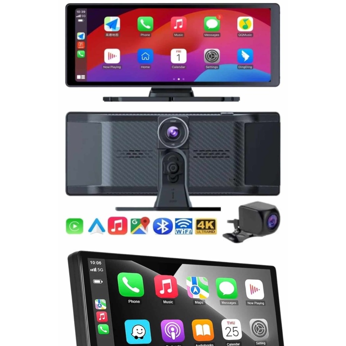 4K 10.2 İnç Çift Kameralı Araç Multimedya Ekranı CarPlay Kablosuz Tüm Cihazlara Uyumlu