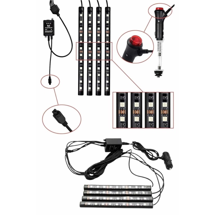 RGB Işıklı Araç İçi Aydınlatma Kumandalı 12li Led Işık Renk Değiştirebilen
