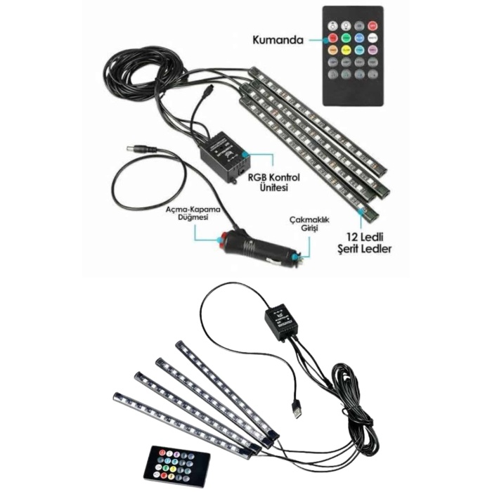 Araç İçi Ayak Altı Led 12 Led Işık Sese Müziğe Duyarlı RGB Işıklı Aydınlatma Seti