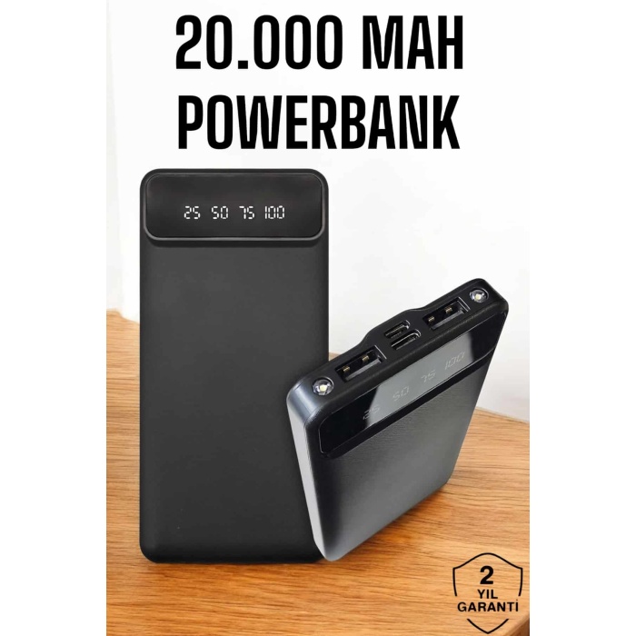 20.000 Mah Led Işıklı LCD Ekran USB Girişli Type-C Lightning Powerbank