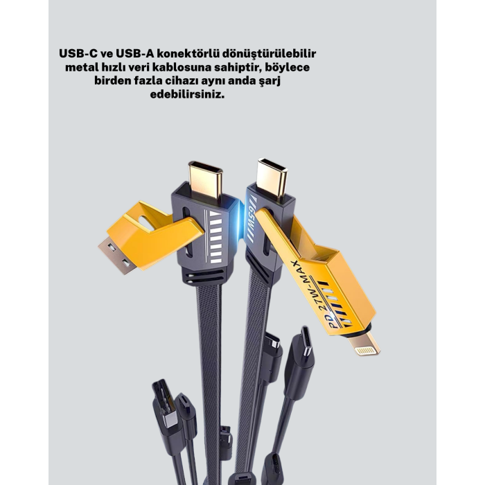 Yüksek Hızlı 65W Güç Çıkışlı Çoklu Cihaz Uyumlu Şarj Kablosu