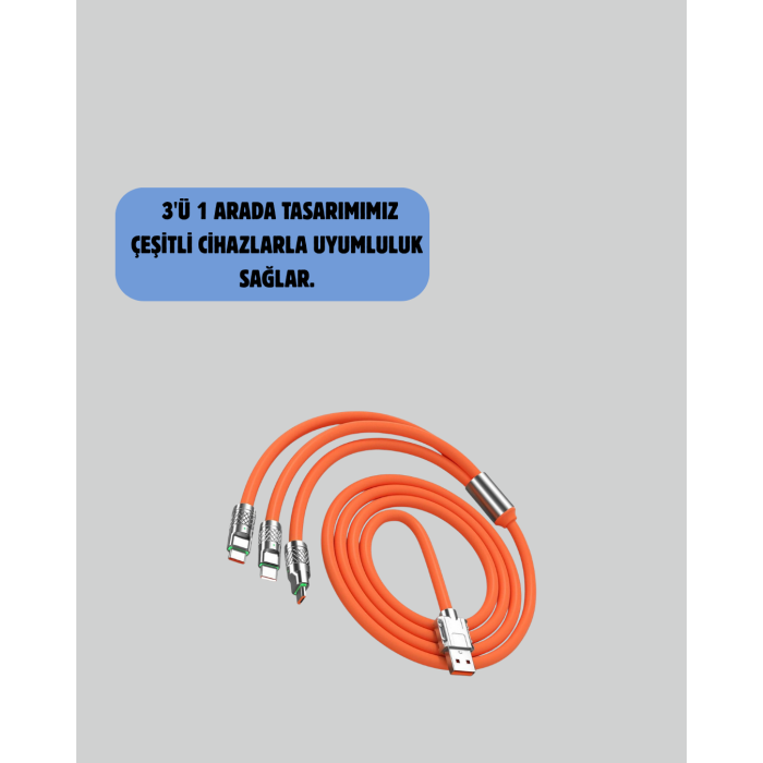 3’ü 1 Arada Kablo – 120W Hızlı Şarj ve Veri Aktarımı Özellikli