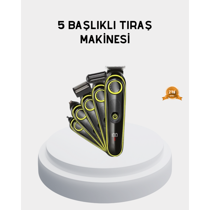 5’i 1 Arada Şarjlı Tıraş Makinesi – Paslanmaz Çelik Başlıklı, Yüz ve Vücut Bakım Cihazı