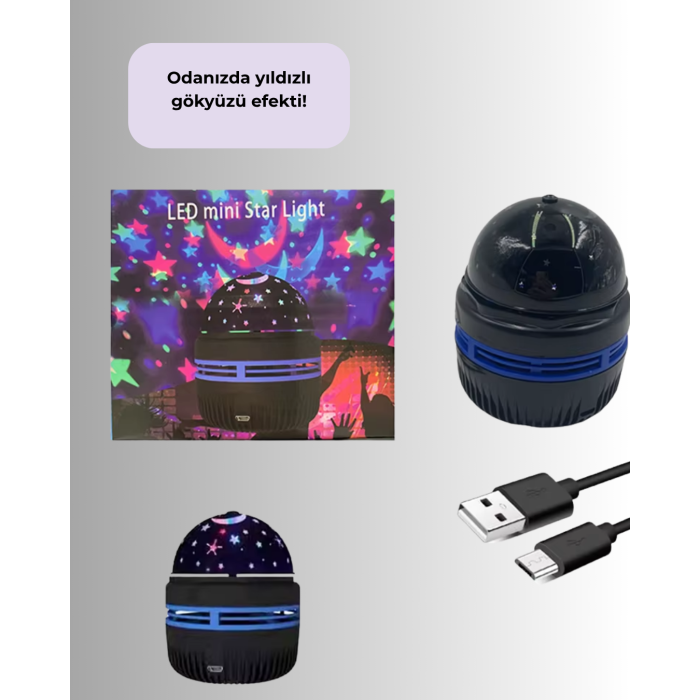Döner Galaxy Projektör Gece Lambası – Ay ve Yıldız Işıklı Atmosfer Lamba, USB Bağlantılı