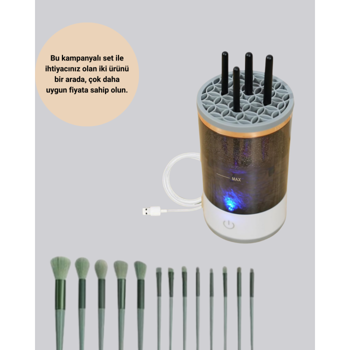 USB Şarjlı Makyaj Fırçası Temizleyici + Profesyonel Fırça Seti