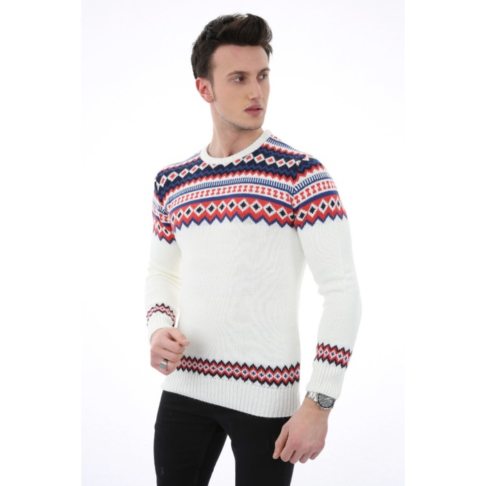 Desenli Beyaz Kalın Kışlık Günlük Triko Kazak