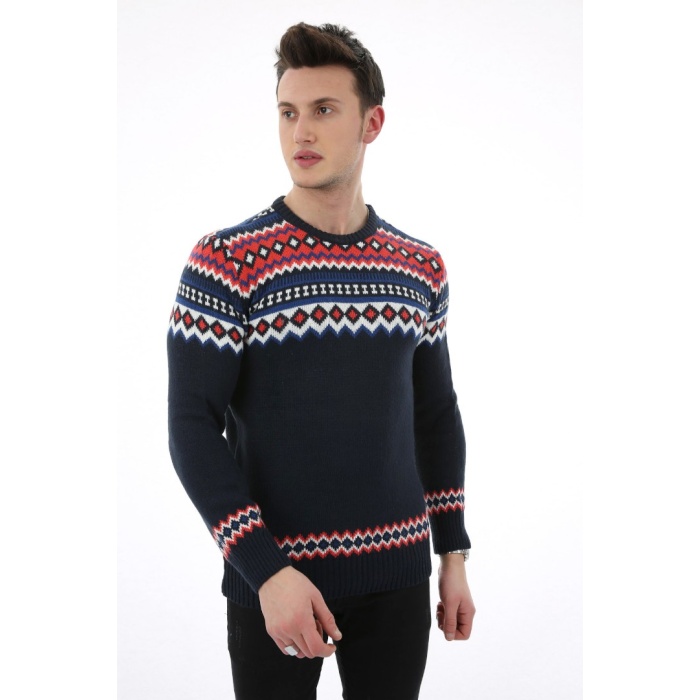 Desenli Lacivert Kalın Kışlık Günlük Triko Kazak