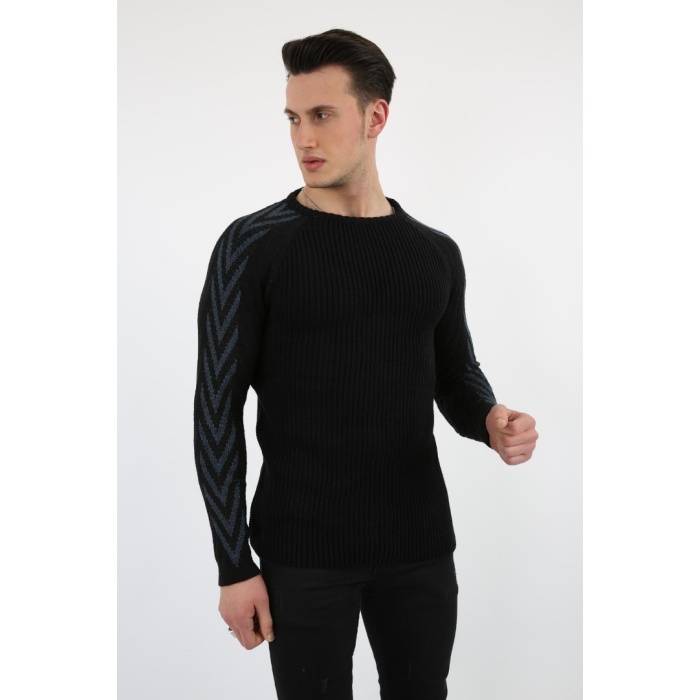 Erkek Lacivert Kolu Şeritli Kalın Kışlık Günlük Triko Kazak