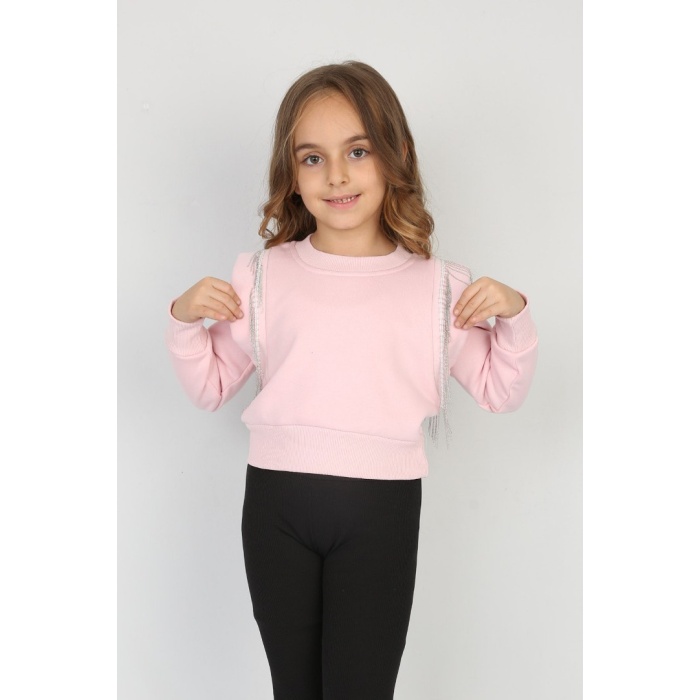 Üç İplik Şardonlu Omuz Detaylı Kız Çocuk Günlük Crop Sweatshirt