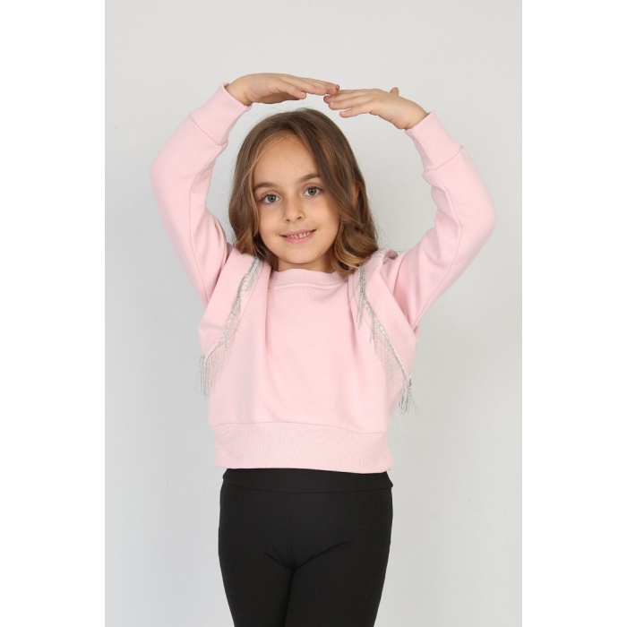 Üç İplik Şardonlu Omuz Detaylı Kız Çocuk Günlük Crop Sweatshirt