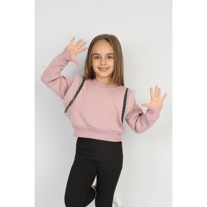 Üç İplik Şardonlu Omuz Detaylı Kız Çocuk Günlük Crop Sweatshirt